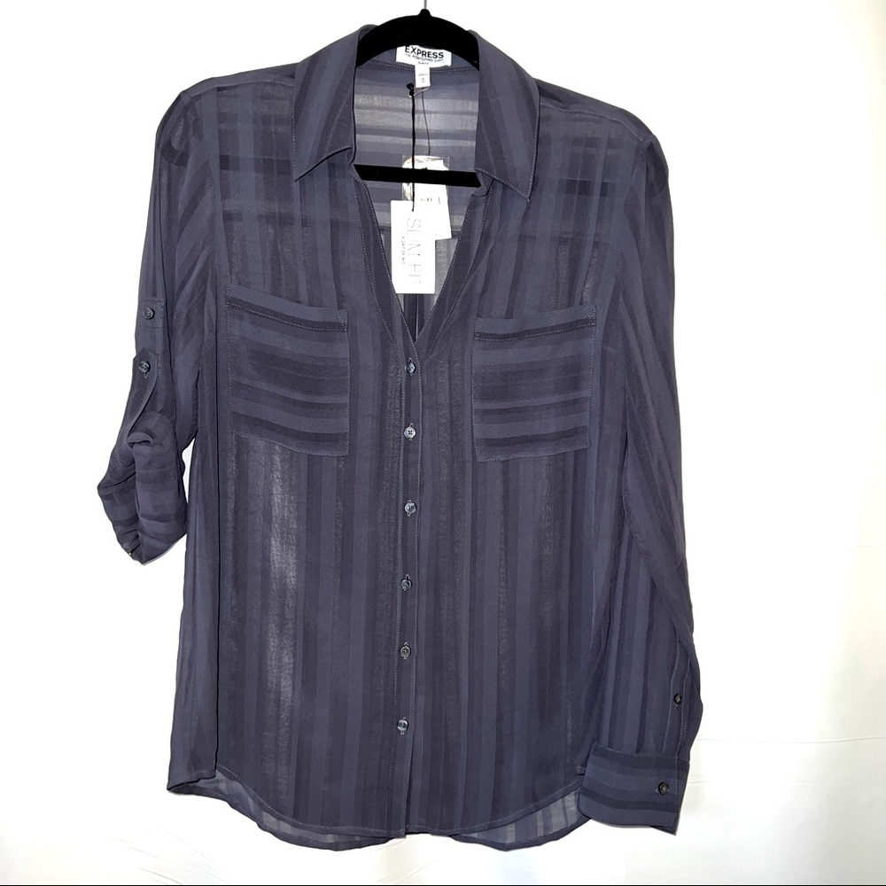 Express Portofino Dark Gray Stripe Sheer Blouse